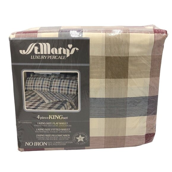 VTG St. Mary’s Shirting Plaid 4-Piece King Sheet Set Red Blue Cabin Cottagecore - Picture 1 of 8